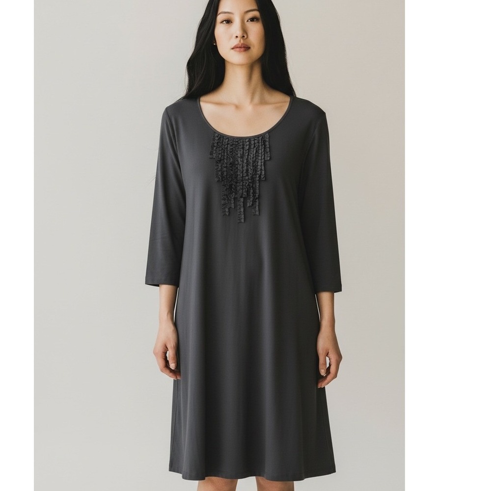 New NWT Eileen Fisher Black Scoopneck Ruffled Detail Lagenlook Tunic Dress L